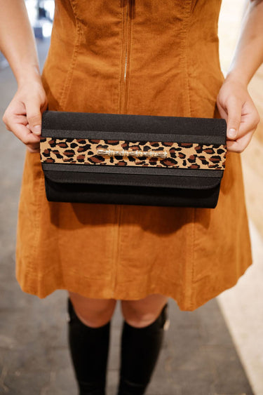 Black Avery Clutch- Black/Cheetah Layer- Small Bamboo Bar - Lisi Lerch