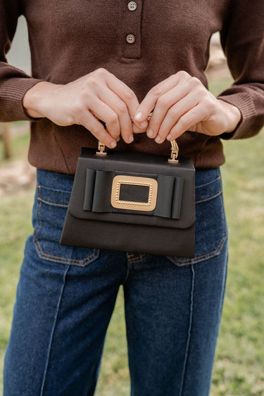 Black Lulu with Gold Bamboo Handle - Black Flat Bow with Gold Buckle - Lisi Lerch