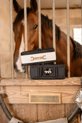 Colette Black Wicker Woven Clutch - Black Flat Bow with Black Oval Disc with Triple Horses - Lisi Lerch