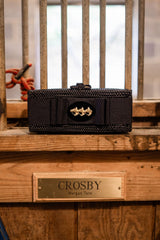 Colette Black Wicker Woven Clutch - Black Flat Bow with Black Oval Disc with Triple Horses - Lisi Lerch