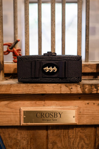 Colette Black Wicker Woven Clutch - Black Flat Bow with Black Oval Disc with Triple Horses - Lisi Lerch
