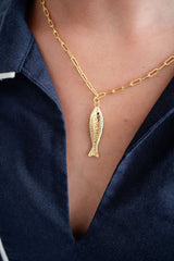 Fish - Beach Town - Small Paper Clip Chain Necklace - 18k Gold Plated 18 Inches - Lisi Lerch