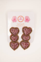 Gold and Pink 3 Heart Beaded Drop Earrings -Sample Sale- Final Sale - Lisi Lerch