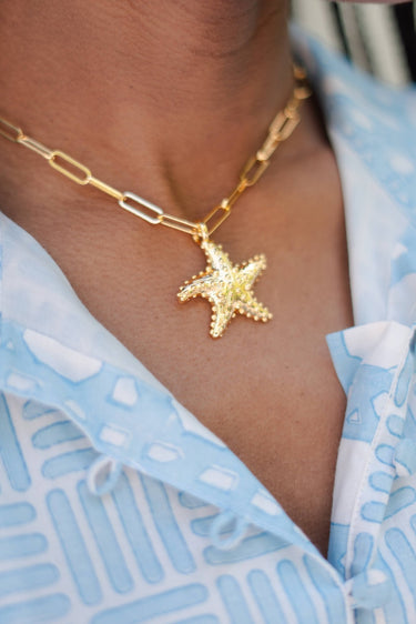 Gold Puffy Starfish Charm Necklace - 18k Gold Plated - Lisi Lerch