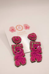 Hot Pink Beaded LOVE Earrings-Sample Sale- Final Sale - Lisi Lerch