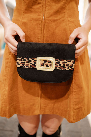Ivy Black Suede Clutch- Cheetah Print Band- Gold Buckle - Lisi Lerch