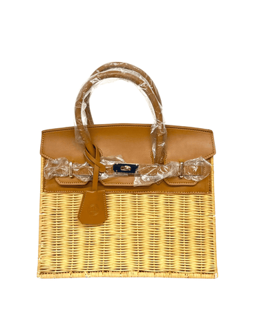 Large Wicker Handbag with Camel Faux Leather - Sample Sale- Final Sale - Lisi Lerch