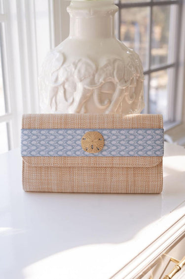 Lisi Lerch Avery Straw Clutch - Blue Ocean Band with Sanddollar