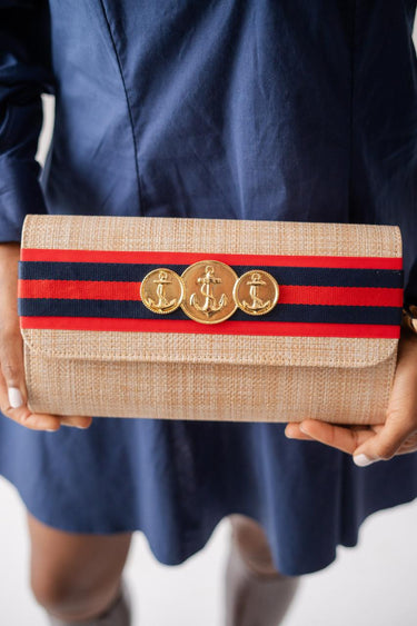Lisi Lerch Avery Straw Clutch - Red & Navy Stripe  Red Layer with Triple Anchor Charm