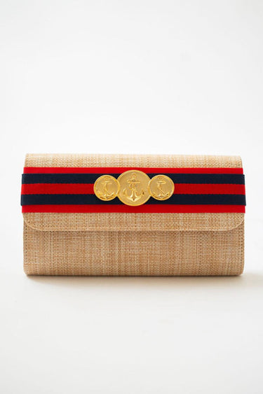 Avery Straw Clutch - Red & Navy Stripe  Red Layer with Triple Anchor Charm
