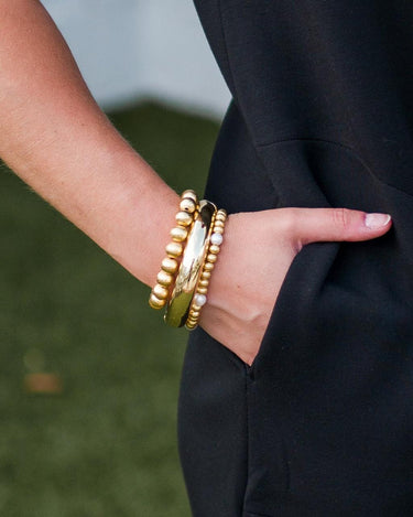 Lisi Lerch Bridget Bracelet Stack - 1 8mm Gold Beads Bracelet, 1 6mm Gold Beads with Freshwater Pearls & The Quinn - 3 Bracelet Stack