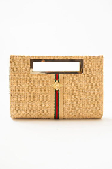 Chloe Straw Clutch - Sand Vert Band - Gold Charm