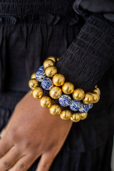 Lisi Lerch Georgia Beaded Bracelet Stack  - 1 Blue Chinoiserie & 2 - 14mm All Gold Bracelets