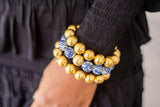 Lisi Lerch Georgia Beaded Bracelet Stack  - 1 Blue Chinoiserie & 2 - 14mm All Gold Bracelets