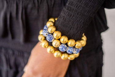 Lisi Lerch Georgia Beaded Bracelet Stack  - 1 Blue Chinoiserie & 2 - 14mm All Gold Bracelets