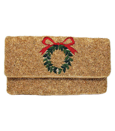 Gold Wreath Red Bow - Beaded Clutch