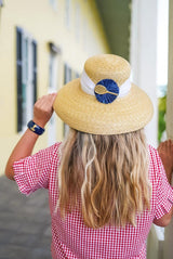Lisi Lerch Lauren Hat - White Flat Bow with Navy Raffia Round with Tennis Racket