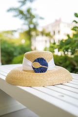 Lisi Lerch Lauren Hat - White Flat Bow with Navy Raffia Round with Tennis Racket