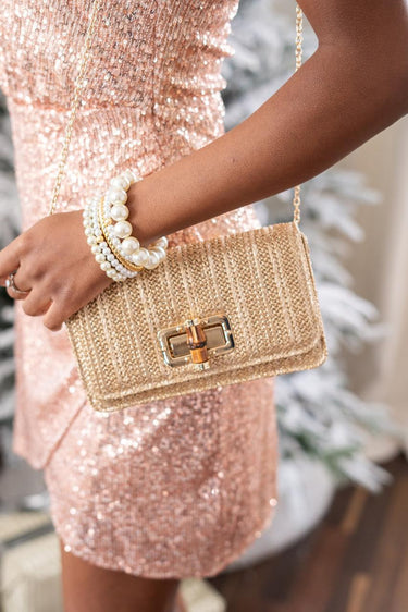 Lisi Lerch Lilly - Gold Woven Straw Clutch - Bamboo Toggle