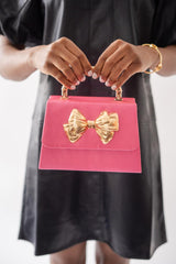 Lisi Lerch Pink Faille Lulu with Gold Handle Handbag - Gold Metal Bow