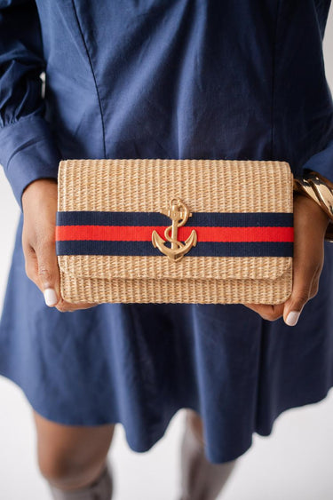 Lisi Lerch Ruby Straw Clutch -Navy & Red Stripe Band with Charm