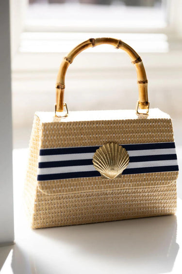 Lisi Lerch Straw Lulu with Bamboo Handle - Navy & White Band with Scallop Charm
