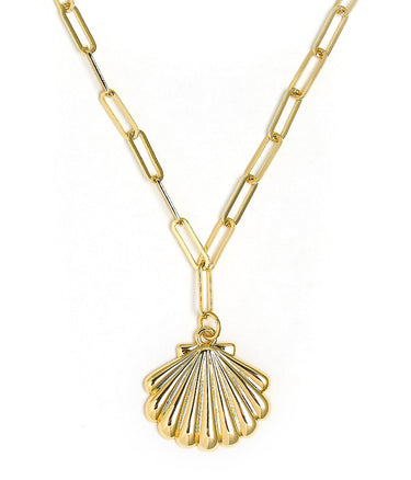 Puffy Scallop Shell Necklace with paper clip chain - 18k Plated Necklace