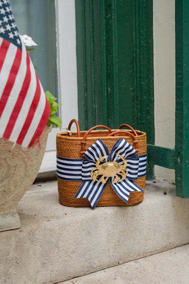 Medium Charlotte - Navy & White Striped Fluffy Bow with Crab - Lisi Lerch