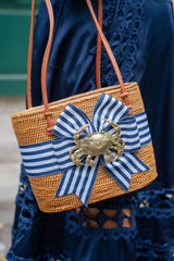 Medium Charlotte - Navy & White Striped Fluffy Bow with Crab - Lisi Lerch
