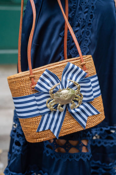 Medium Charlotte - Navy & White Striped Fluffy Bow with Crab - Lisi Lerch