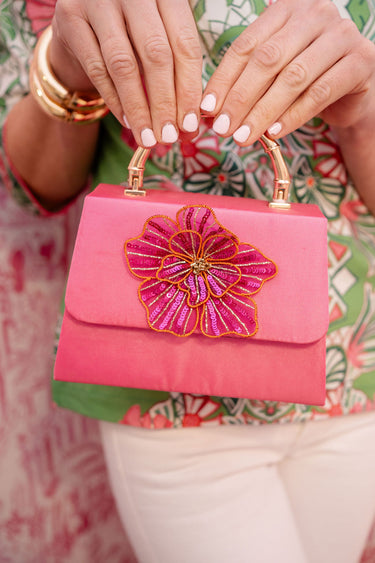 Pink Lulu with Gold Bamboo Handle - Sequin Flower