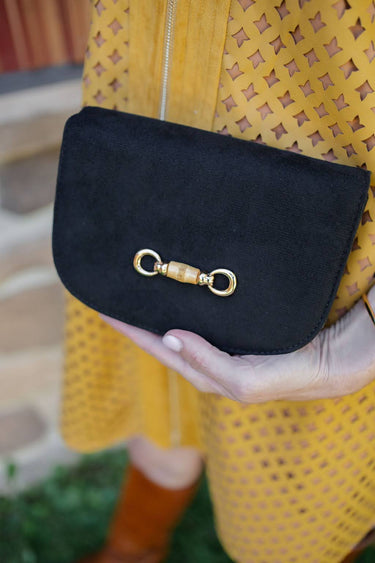 Ivy Black Suede Clutch- Gold Charm
