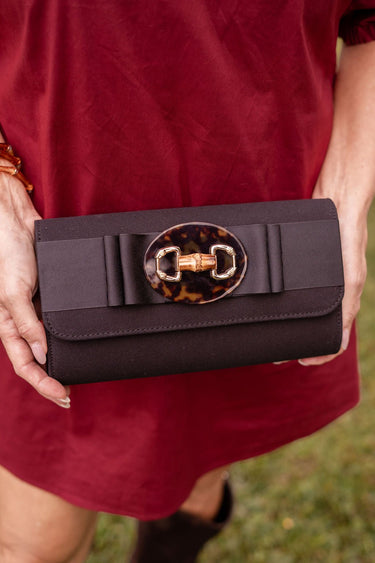 Avery Black Canvas Clutch - Black Flat Bow with Tortoise Round and Wide Bamboo Toggle - Lisi Lerch