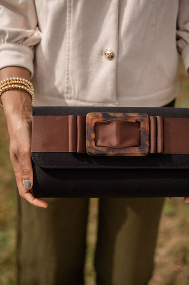 Avery Black Clutch - Chocolate Flat Bow with Tortoise Buckle - Lisi Lerch