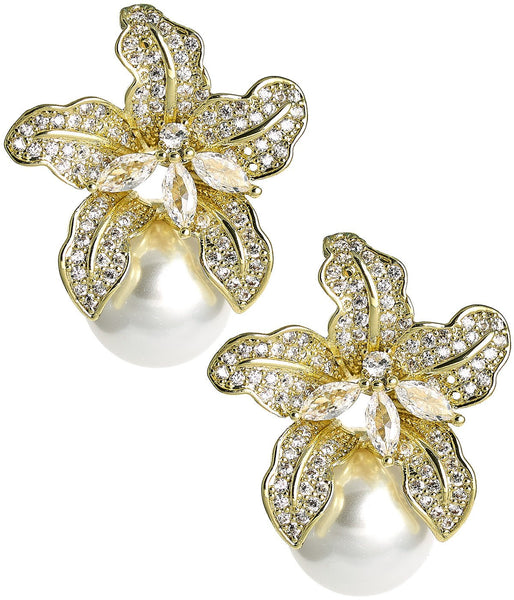 Charlotte Stud Earrings - Rhinestone & Pearl Stud- 18k Gold Plated