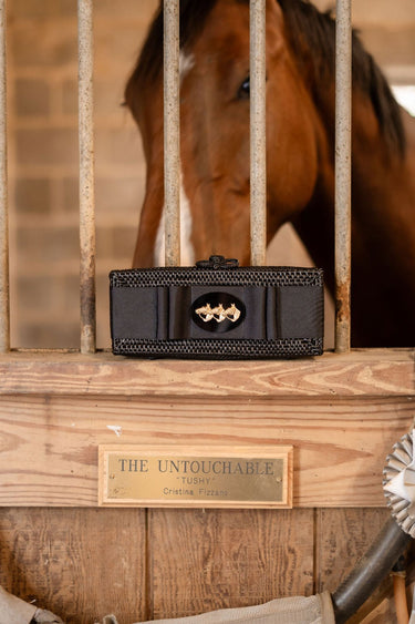 Colette Black Wicker Woven Clutch - Black Flat Bow with Black Oval Disc with Triple Horses - Lisi Lerch