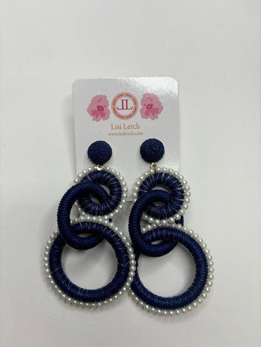 Extra Large Navy Raffia and Pearl Statement earrings - Sample Sale Final Sale - Lisi Lerch