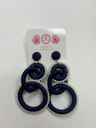 Extra Large Navy Raffia and Pearl Statement earrings - Sample Sale Final Sale - Lisi Lerch