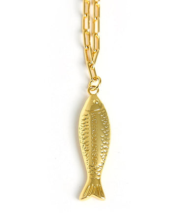 Fish - Beach Town - Small Paper Clip Chain Necklace - 18k Gold Plated 18 Inches - Lisi Lerch