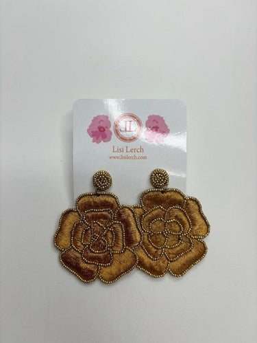 Gold Beaded Fabric Rose Statement Earrings - Sample Sale Final Sale - Lisi Lerch