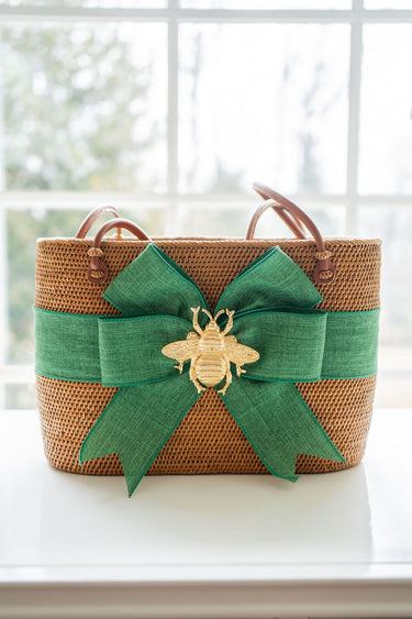 Large Charlotte - Green Linen Fluffy Bow with XL Bee - Lisi Lerch