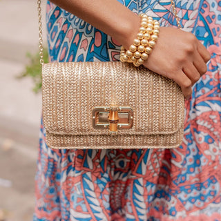 Lilly - Gold Woven Straw Clutch - Bamboo Toggle - Lisi Lerch