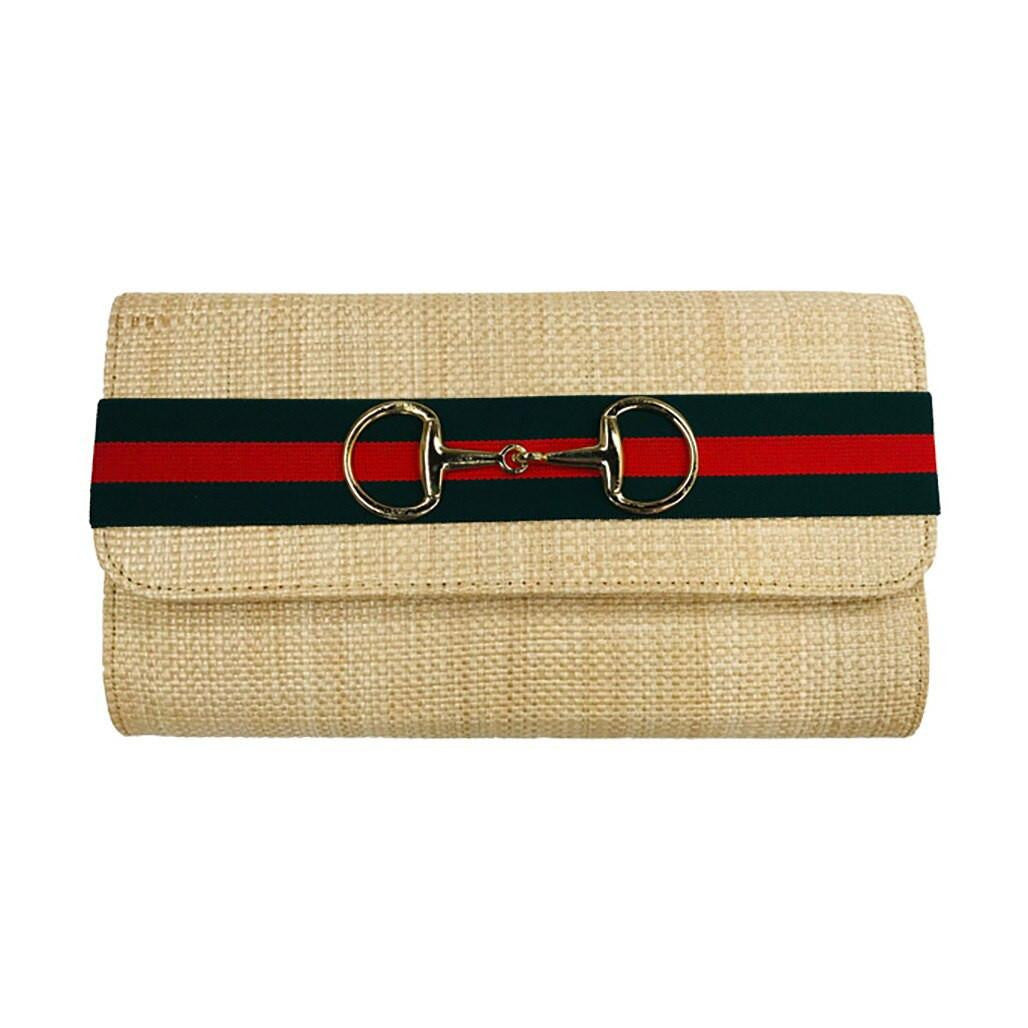 Avery Straw Clutch Green Striped Band Large Snaffle