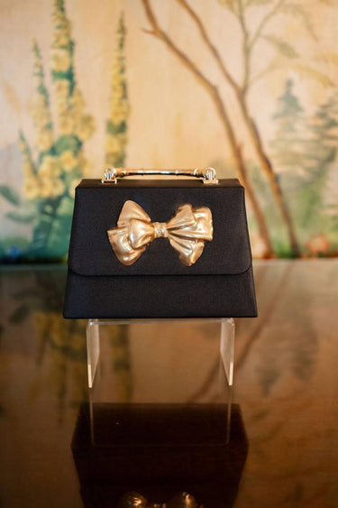 Lisi Lerch Black Faille Lulu with Bow Charm - Gold Bamboo Handle Handbag  