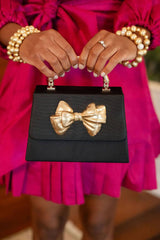 Lisi Lerch Black Faille Lulu with Bow Charm - Gold Bamboo Handle Handbag  
