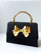 Lisi Lerch Black Faille Lulu with Bow Charm - Gold Bamboo Handle Handbag  