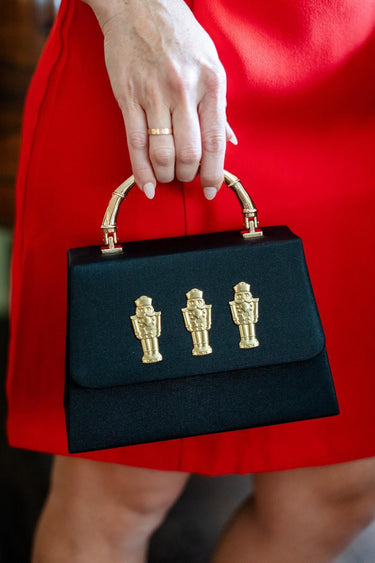 Lisi Lerch Black Faille Lulu with Three Nutcracker - Gold Bamboo Handle Handbag  