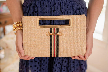 Lisi Lerch Chloe Clutch - Brown , Green & Red Stripe Band - Bamboo Toggle  