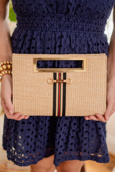 Lisi Lerch Chloe Clutch - Brown , Green & Red Stripe Band - Bamboo Toggle  