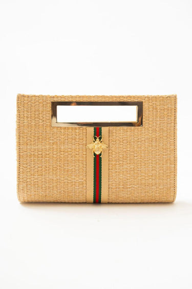 Lisi Lerch Chloe Straw Clutch - Sand Layer with Black Ribbon - Gold Charm